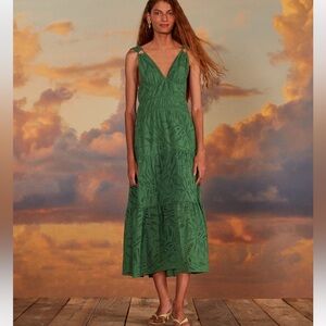 FARM Rio Green Monstera Eyelet Maxi Dress 100% Cotton
